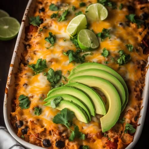 a casserole dish of cheesy mexican casserole with avocado and lime on top