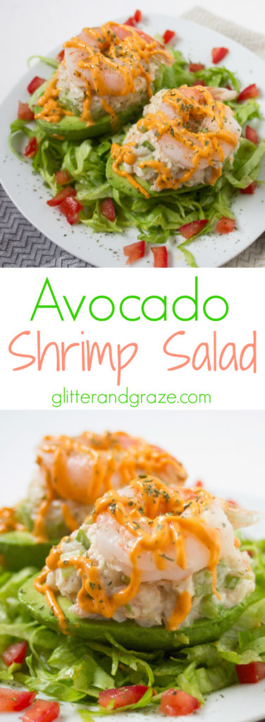 A fresh and light shrimp salad served in an avocado bowl. This shrimp avocado salad is a perfect for a lighter option for lunch.