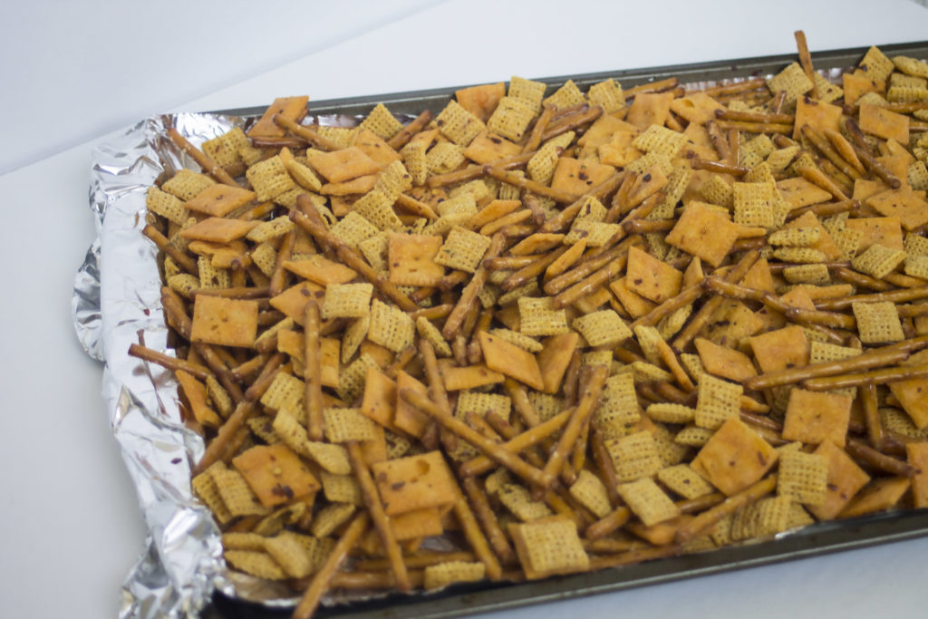 pan of spicy ranch snack mix