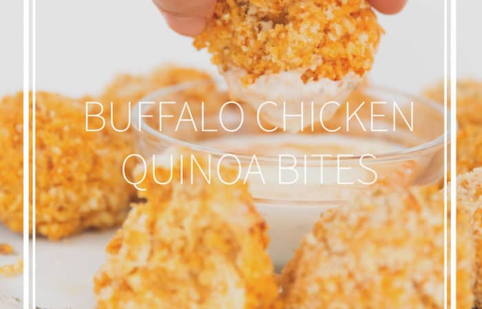 a white plate of buffalo chicken quinoa bites with a bowl of ranch dressing dipping in