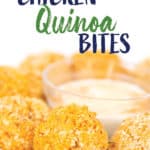 a white plate of buffalo chicken quinoa bites with a bowl of ranch dressing