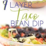 a photo collage of A clear bowl with layers of beans, guacamole, salsa, sour cream, lettuce, cheese, tomatoes, and olives with a chip taking a dip