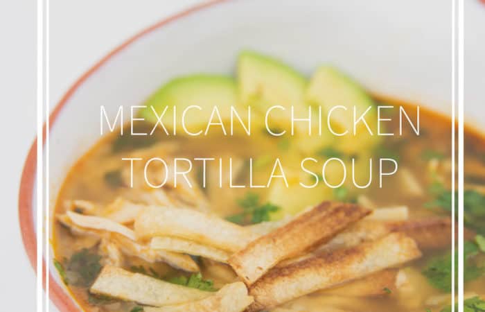 a white bowl of mexican chicken tortilla soup with avocados, tortilla stripes and cilantro