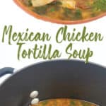 a white bowl of mexican chicken tortilla soup with avocados, tortilla stripes and cilantro and a pot of it