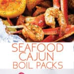 photo collage of ingredients to make seafood cajun boil packs and a final product picture