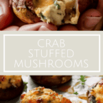 a hand holding a crab and cheese stuffed mushroom with balsamic glaze