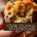 a hand holding a crab and cheese stuffed mushroom with balsamic glaze