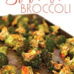 baking pan of cooked broccoli with sriracha sauce