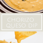 photo collage of chorizo queso dip and a crockpot of the queso