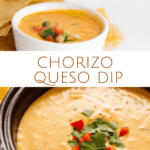 photo collage of chorizo queso dip and a crockpot of the queso