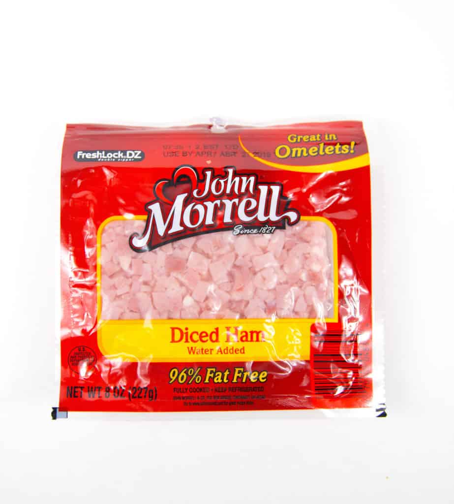 a package of john morrell diced ham thats in a red pouch