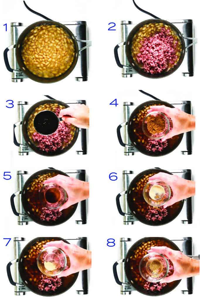 8 pictures of pouring ingredients into a pan