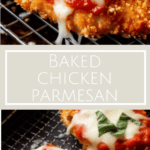 crispy baked chicken parmesan with melted cheese on a baking rack with basil garnish