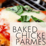 crispy baked chicken parmesan with melted cheese on a baking rack with basil garnish