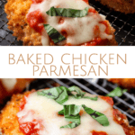 crispy baked chicken parmesan with melted cheese on a baking rack with basil garnish