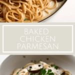 photo collage of a pan of creamy mushroom pasta and a bowl of the same