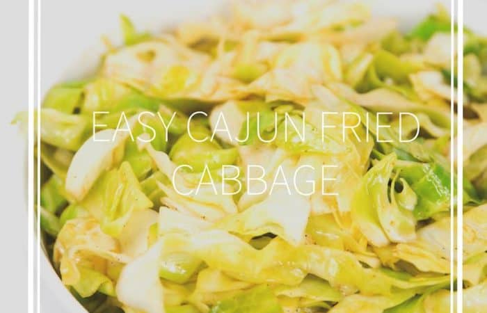 a white bowl of cajun fried cabbage with title