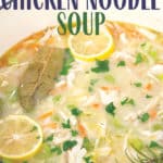 large pot of homemade chicken noddle soup with parsley, bay leaves, and sliced lemons