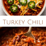 photo collage of white bowl of turkey chili with shredded cheese, sour cream and jalapenos on top with crackers on the side