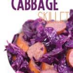 a close up shot of sausage and red cabbage in a bowl with title