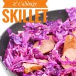 a close up shot of sausage and red cabbage in a pan with tile