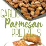 photo collage of garlic parmesan pretzels on a baking pan and in a mason jar