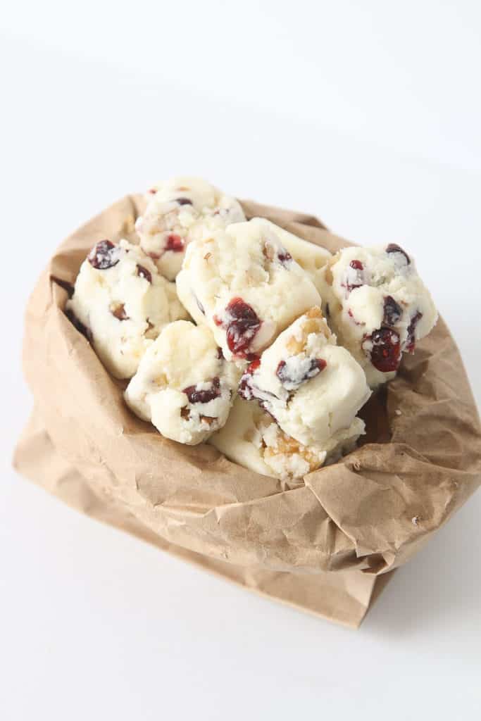 White chocolate cranberry walnut fudge