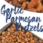 photo collage of garlic parmesan pretzels on a baking pan and in a white bowl