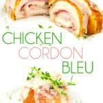 white plate of chicken cordon bleu with one sliced in half with ham and cheese