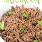 white bowl of shredded slow cooker beef barbacoa with cilantro with title