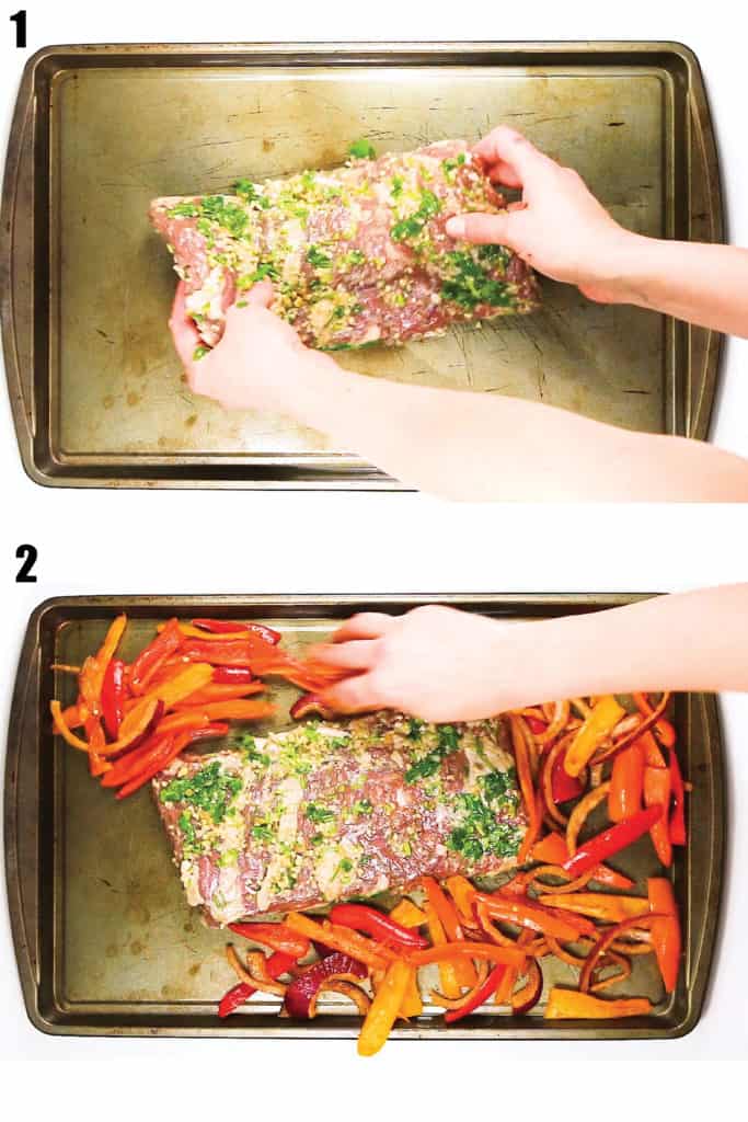 2 pictures of preparing the pan to cook cilantro lime sheet pan fajitas