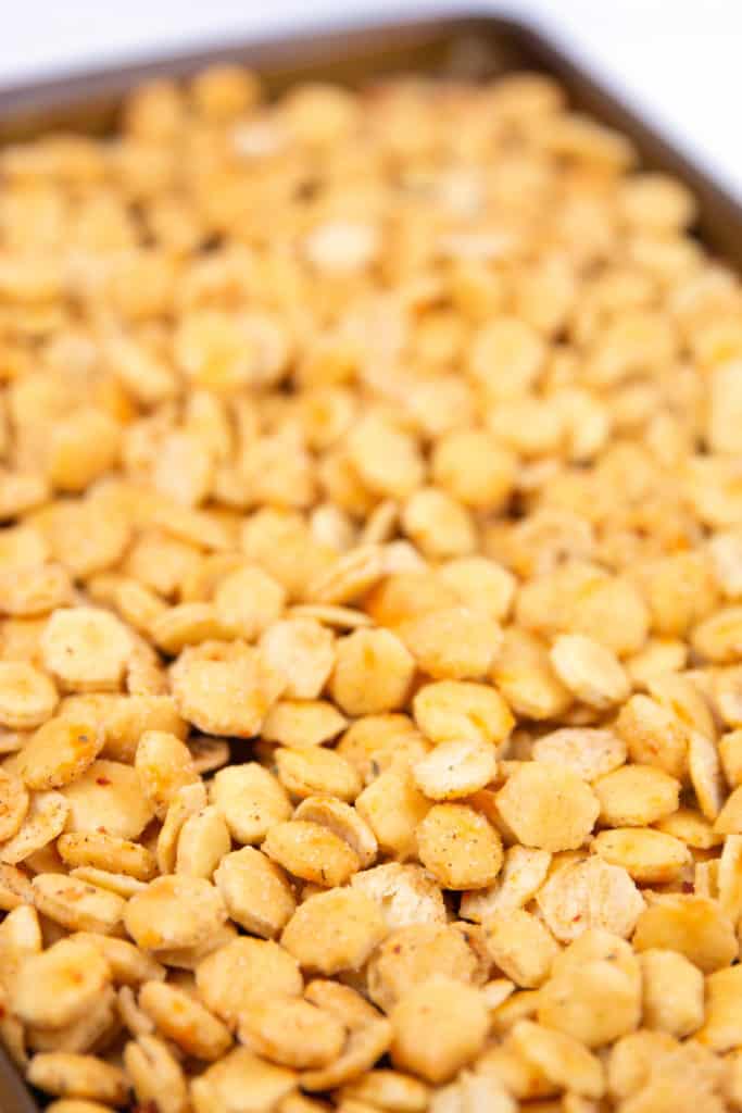 a pan of spicy ranch oyster crackers