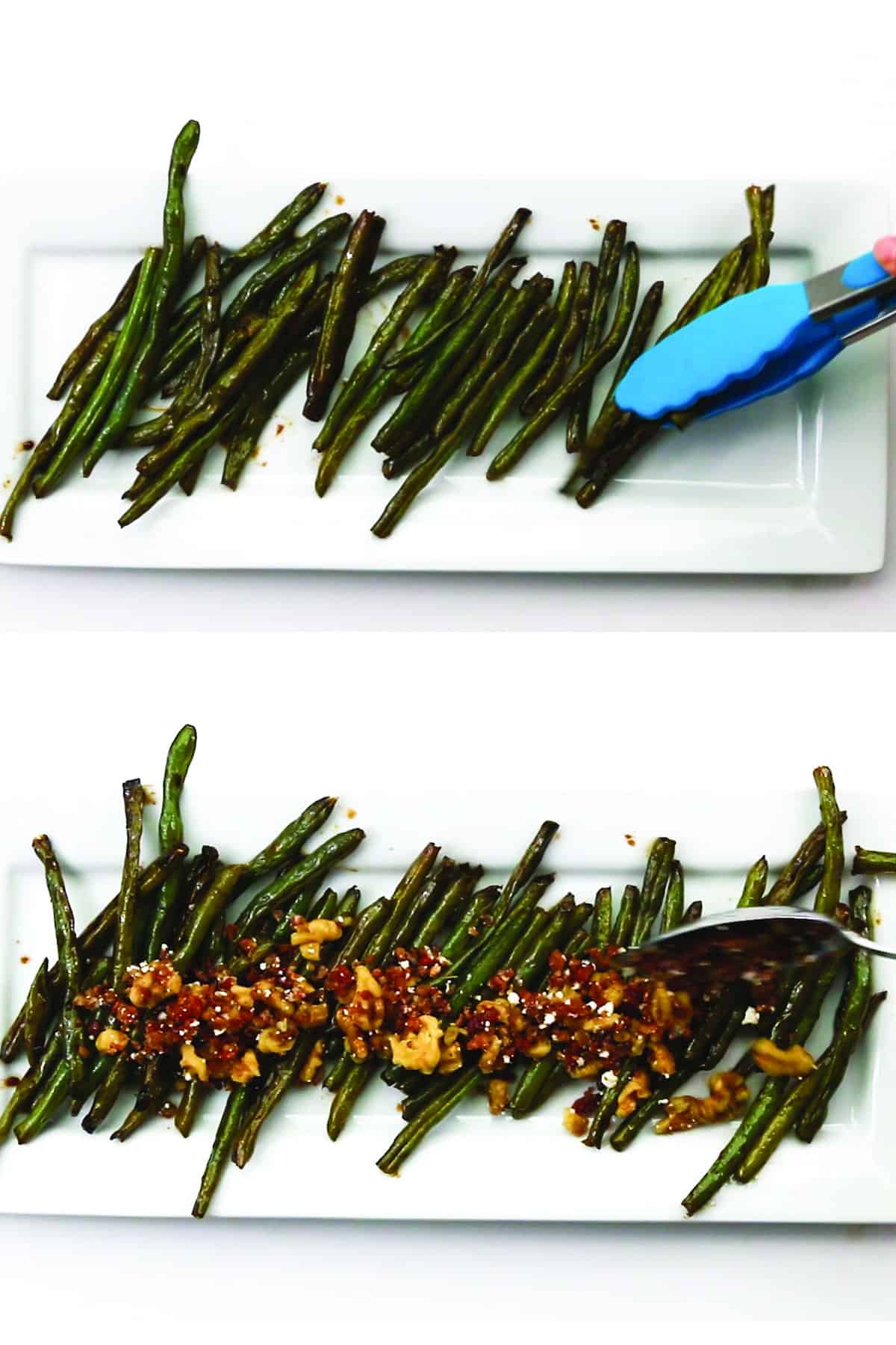 2 pictures one of plating green beans on white plate then one with adding topping