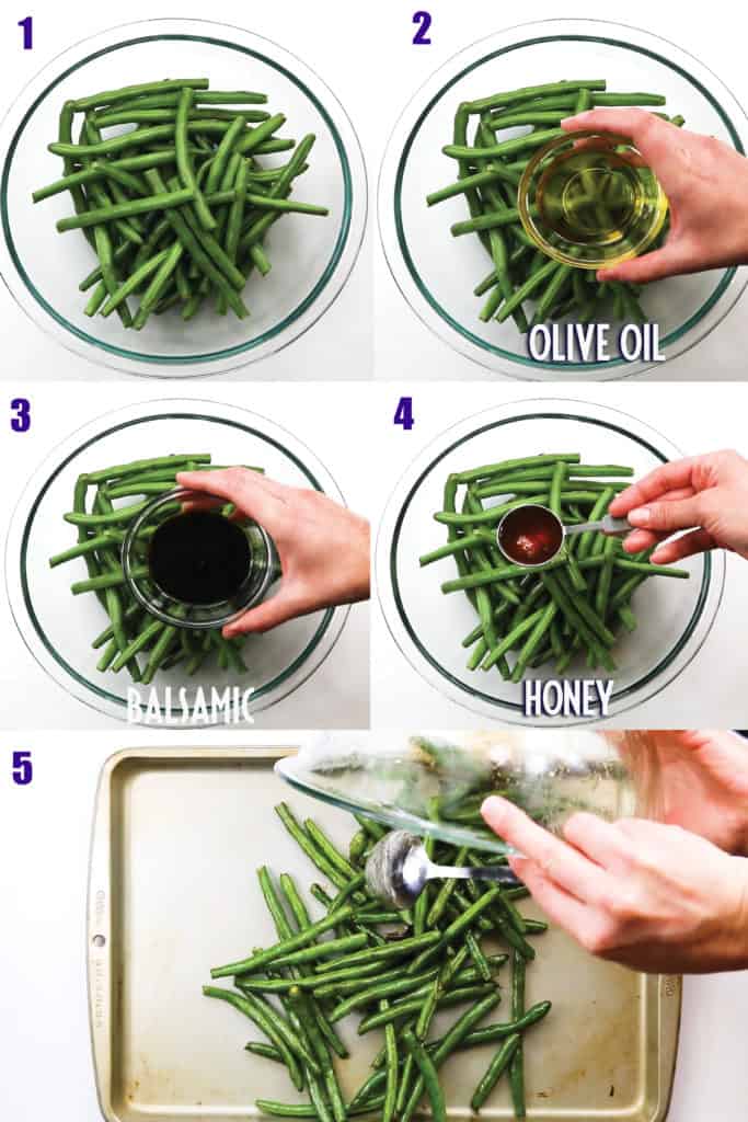 step by step making balsamic green beans green beans in glass bowl and pan