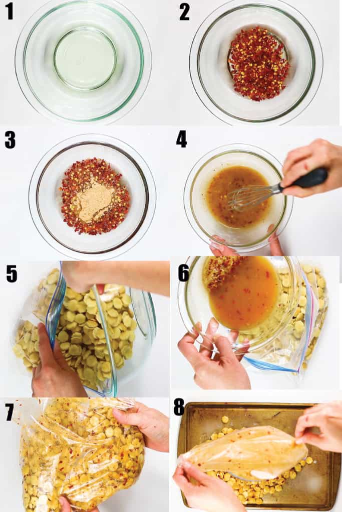 8 pictures of steps how to make spicy ranch oyster crackers