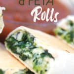 spinach and feta rolled in a tortilla and cooked with a cup of salsa with title