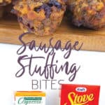 photo collage of sausage stuffing bites on a cutting board and the ingredients to make them