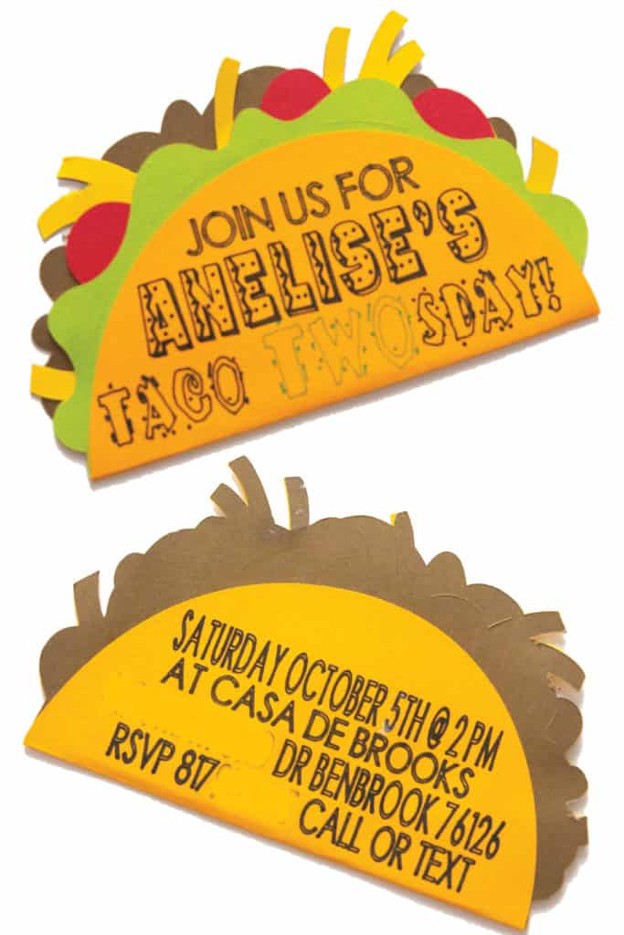 a front and back photo of a paper taco invitation with writing on it