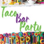photo collage of streamer back drop with mexican flowers border wih taco twosday balloons with mexican food table