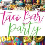 photo collage of streamer back drop with mexican flowers border wih taco twosday balloons with mexican food table with cupcakes and colorful silverware