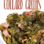 a white bowl of cooked collard greens with chunks of ham pieces