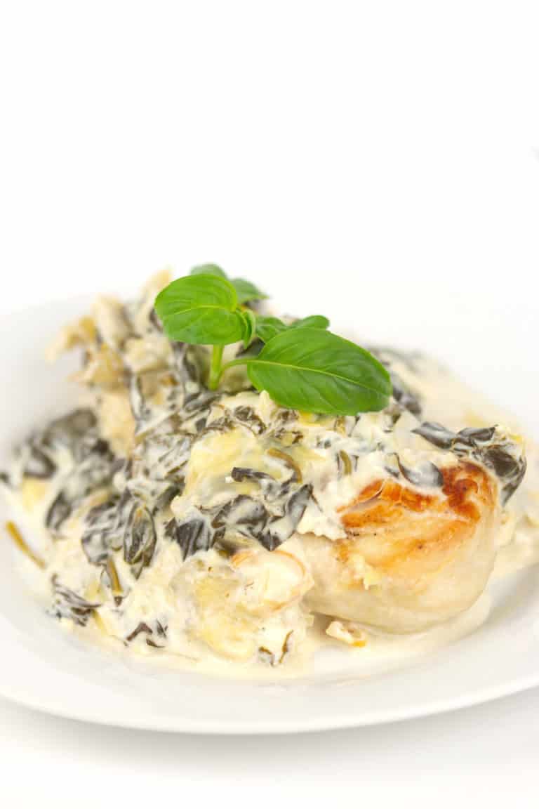 white plate of a browned chicken breast with creamy spinach and artichoke sauce with basil leaves on top