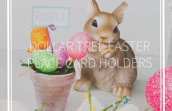 easter table setting with a bunny in the background with a painted clay pot with easter eggs on top with a name tag