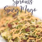 white plate of shaved brussels sprouts with spicy mayo drizzled on top