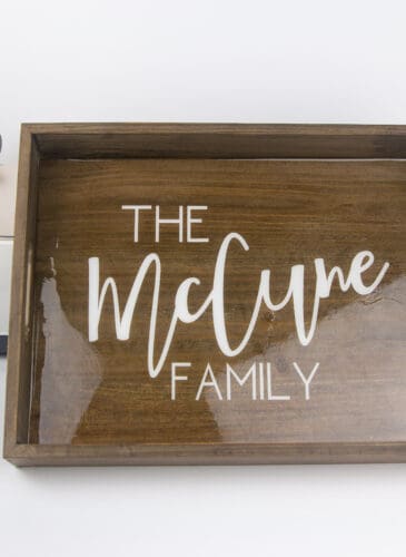 personalized serving tray with cricut and epoxy coating and vinyl name