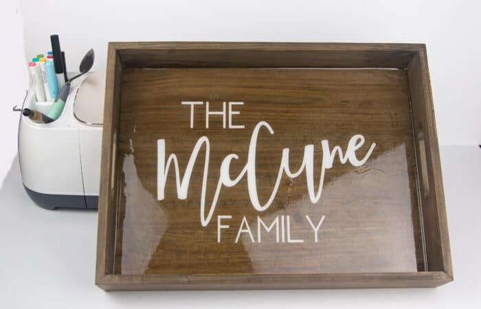 personalized serving tray with cricut and epoxy coating and vinyl name