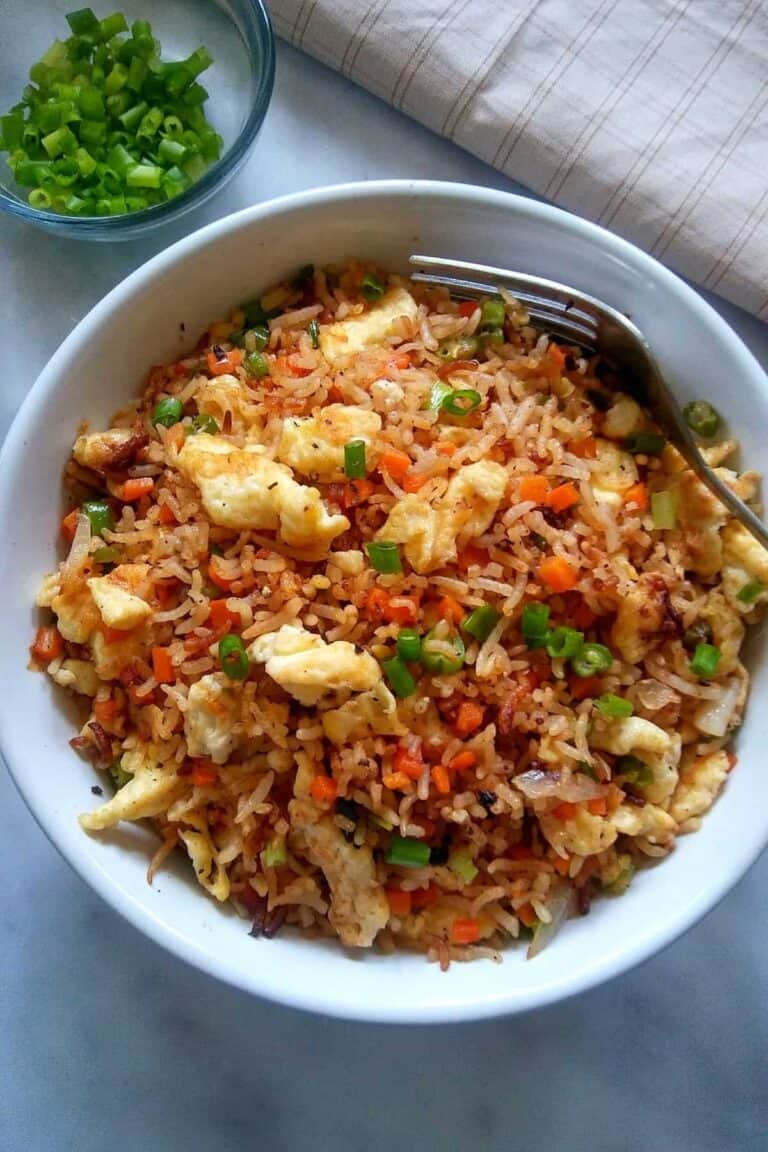 chicken fried rice in a bowl