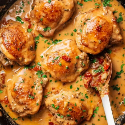 pan of lighter marry me chicken with sauce