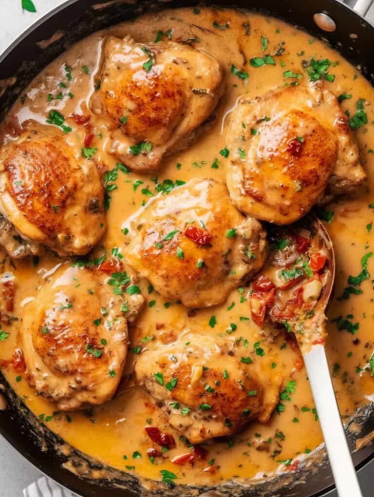 pan of lighter marry me chicken with sauce