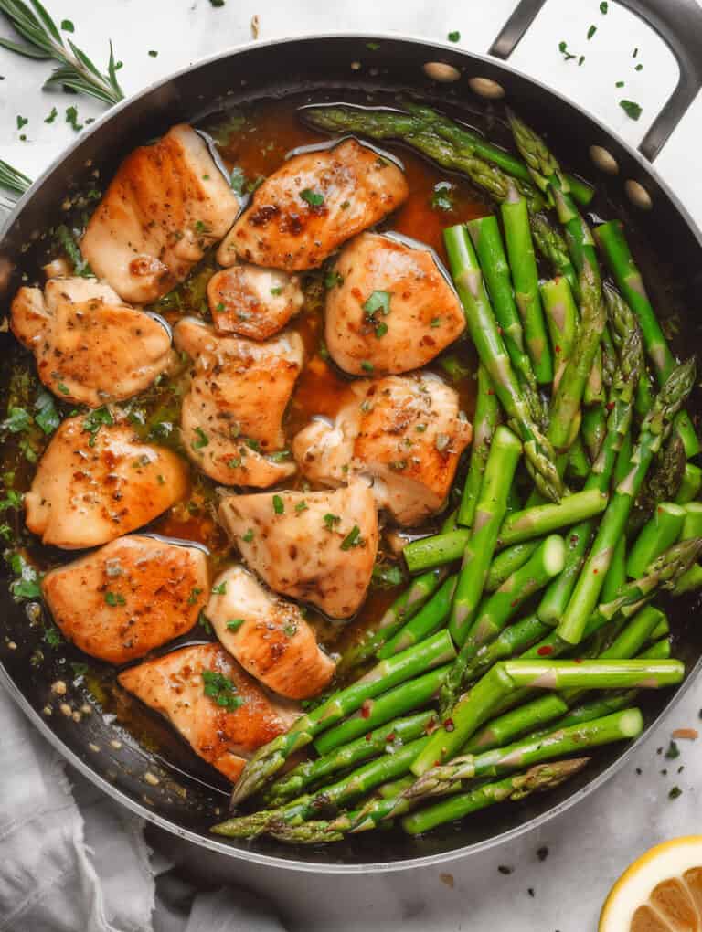 overhead shot of One-pan Honey Garlic Chicken Asparagus